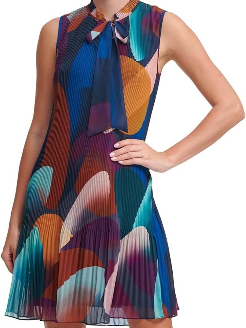 DKNY Multicolor Pleated Tie Neck Flirty Shift Dress - Teal, Navy & Rust Abstract
